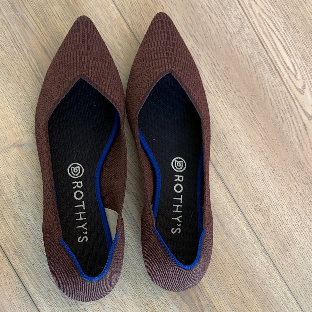 Rothy's Chocolate Brown Flats with Blue Trim